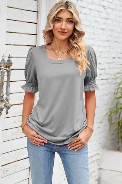 Smocked Square Neck Short Sleeve T-Shirt-Angel Casuals