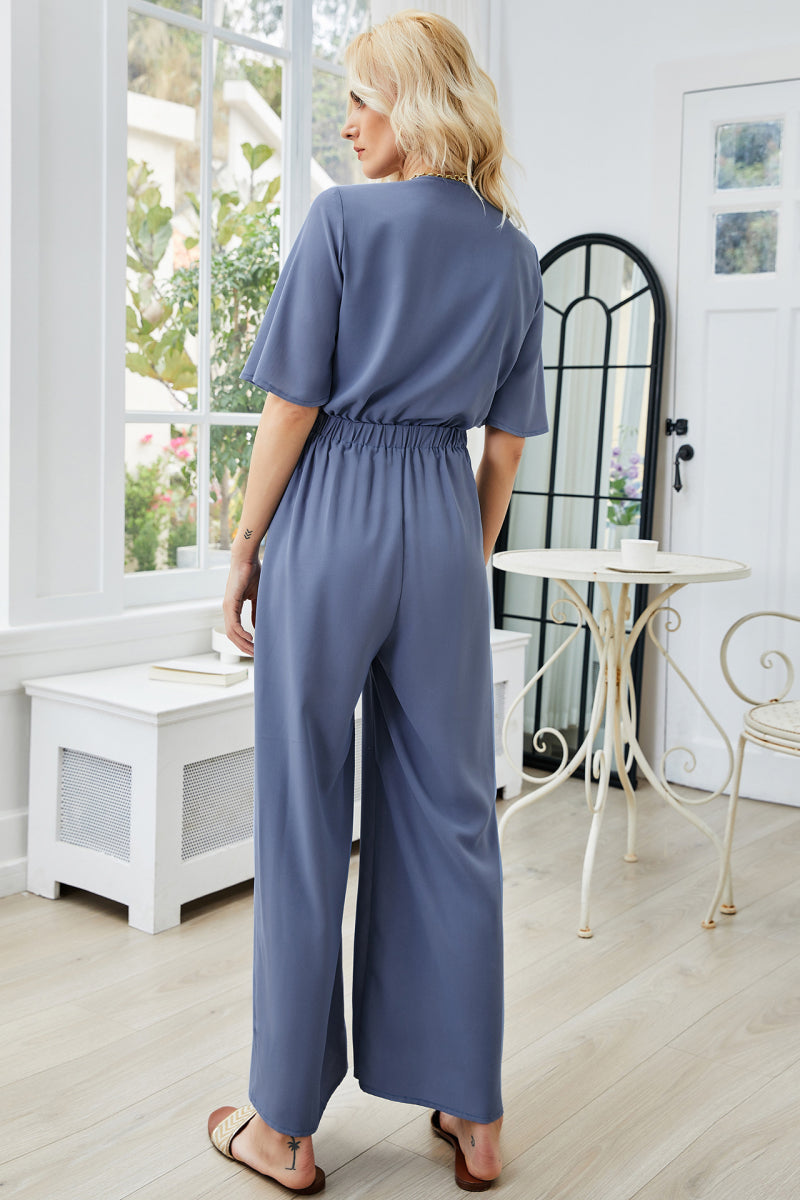 Tie Front Cutout Wide Leg Jumpsuit-Angel Casuals