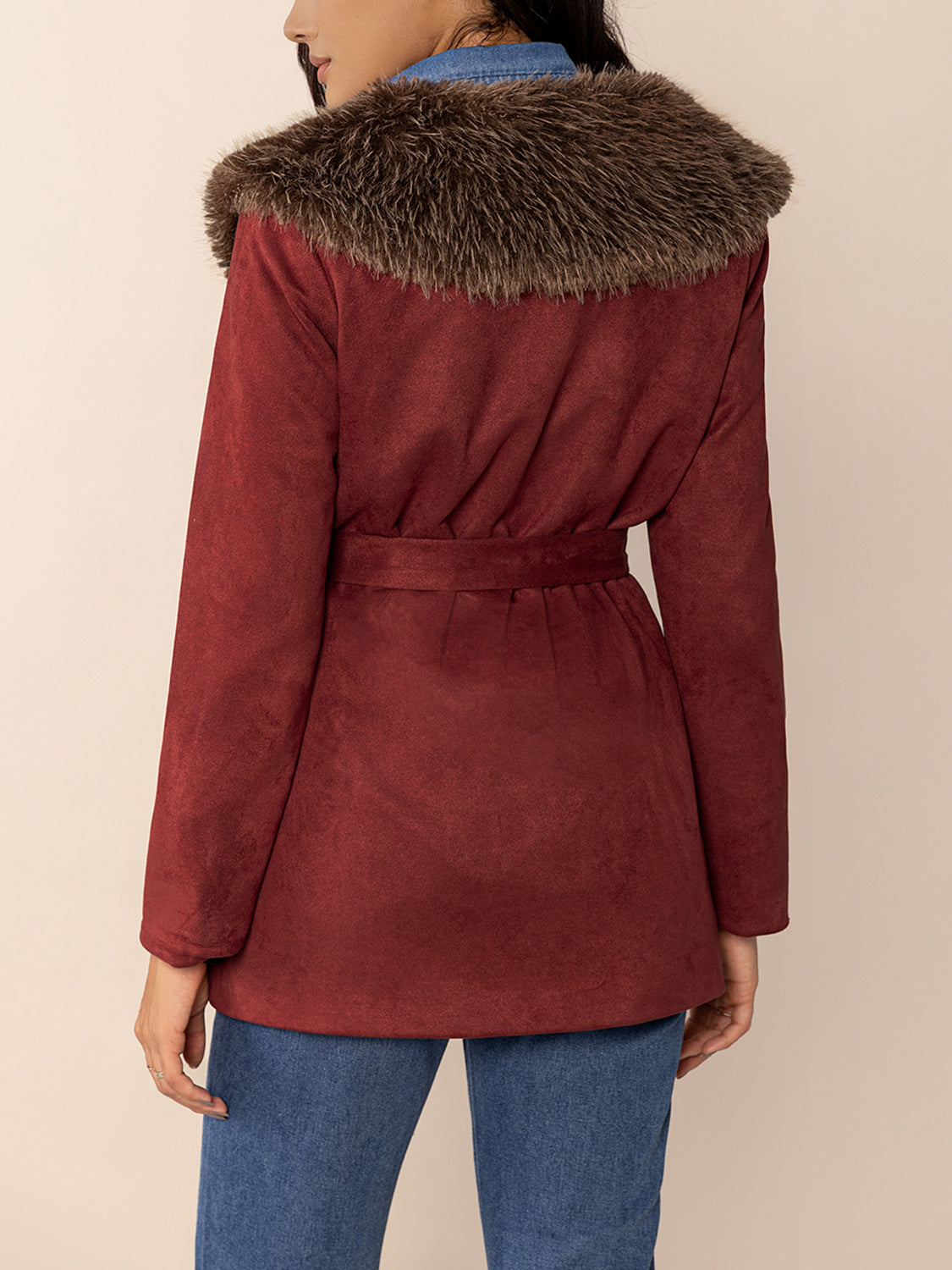Fuzzy Collared Neck Tie Waist Jacket-Angel Casuals