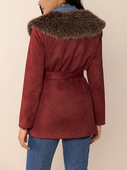 Fuzzy Collared Neck Tie Waist Jacket-Angel Casuals