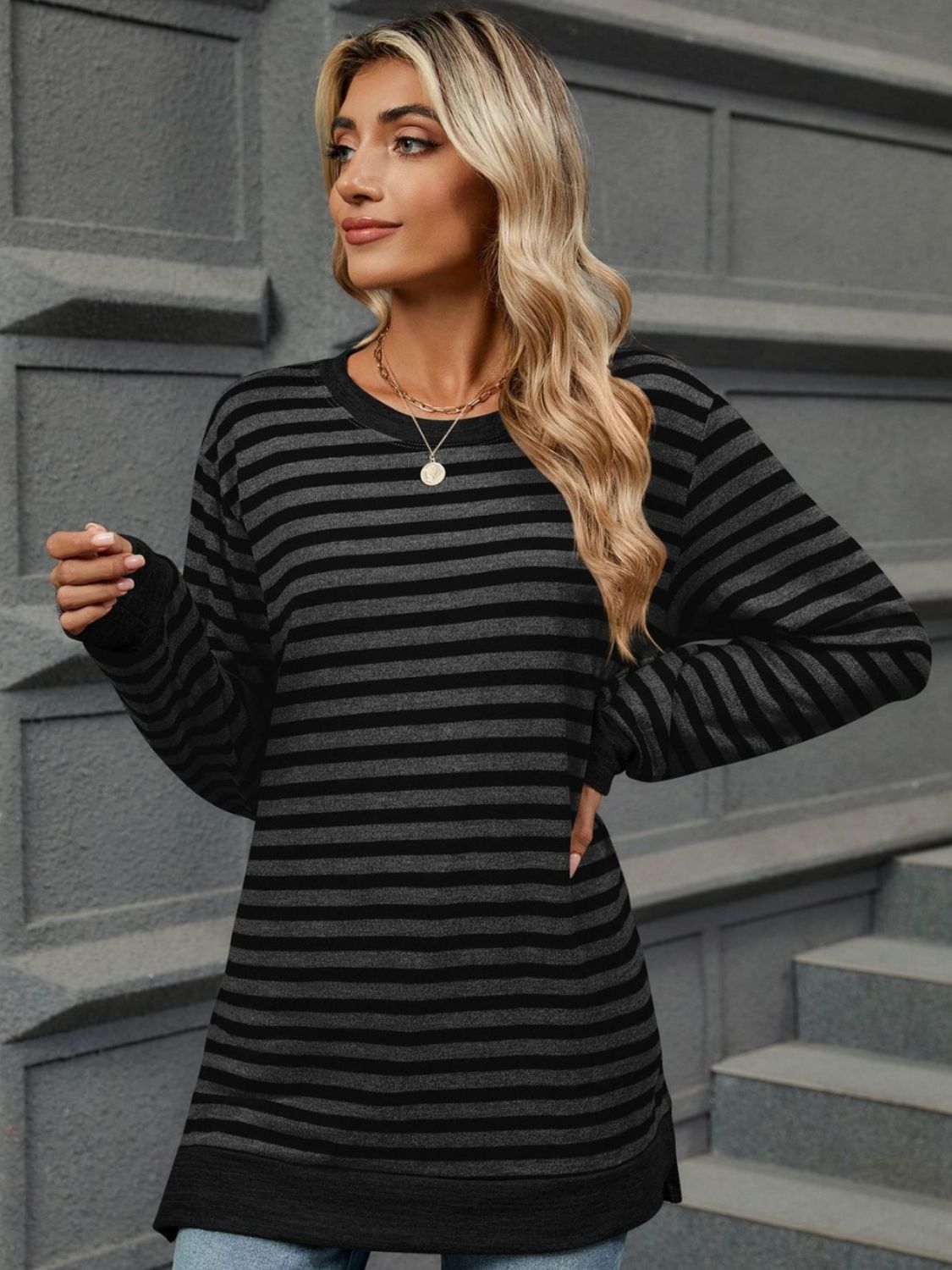 Striped Round Neck Long Sleeve T-Shirt-Angel Casuals