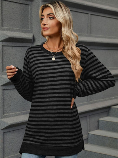Striped Round Neck Long Sleeve T-Shirt-Angel Casuals