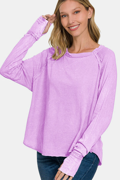 Zenana Round Neck Thumbhole Long Sleeve T-Shirt-Angel Casuals