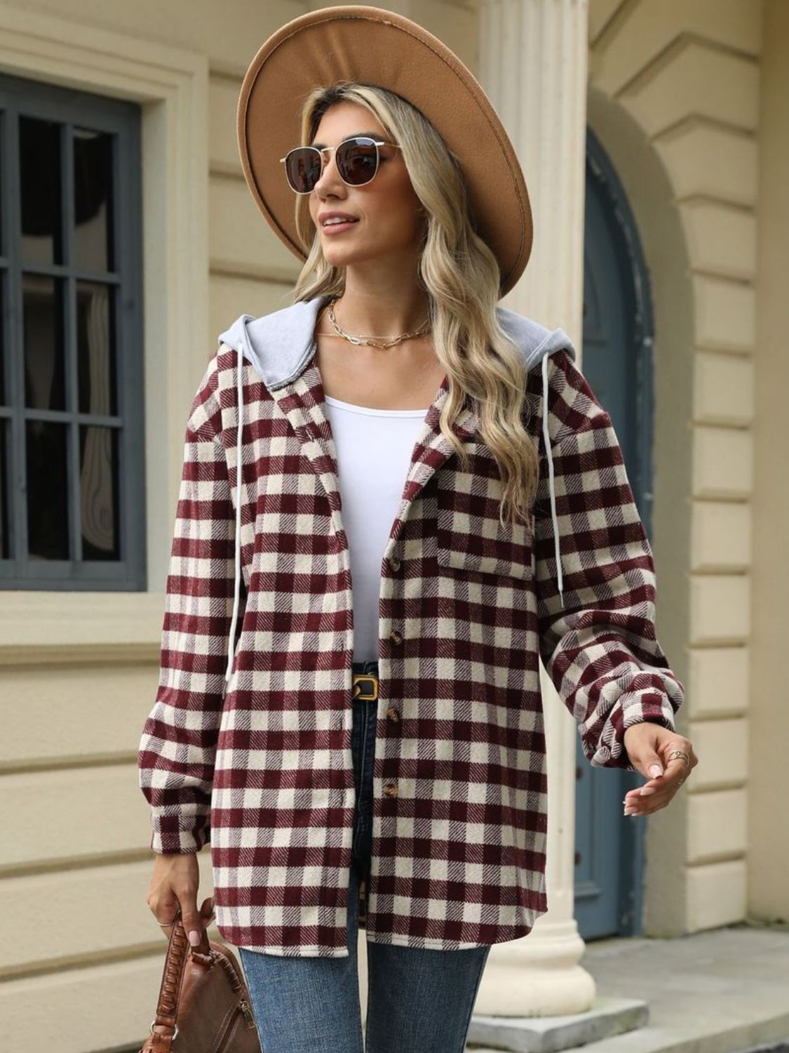 Drawstring Plaid Long Sleeve Hooded Jacket-Angel Casuals