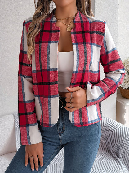 Plaid Open Front Long Sleeve Jacket-Angel Casuals