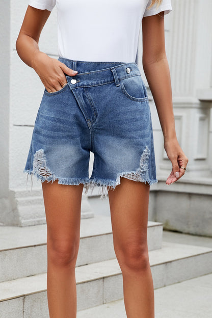 Distressed Raw Hem Asymmetric Waist Denim Shorts-Angel Casuals