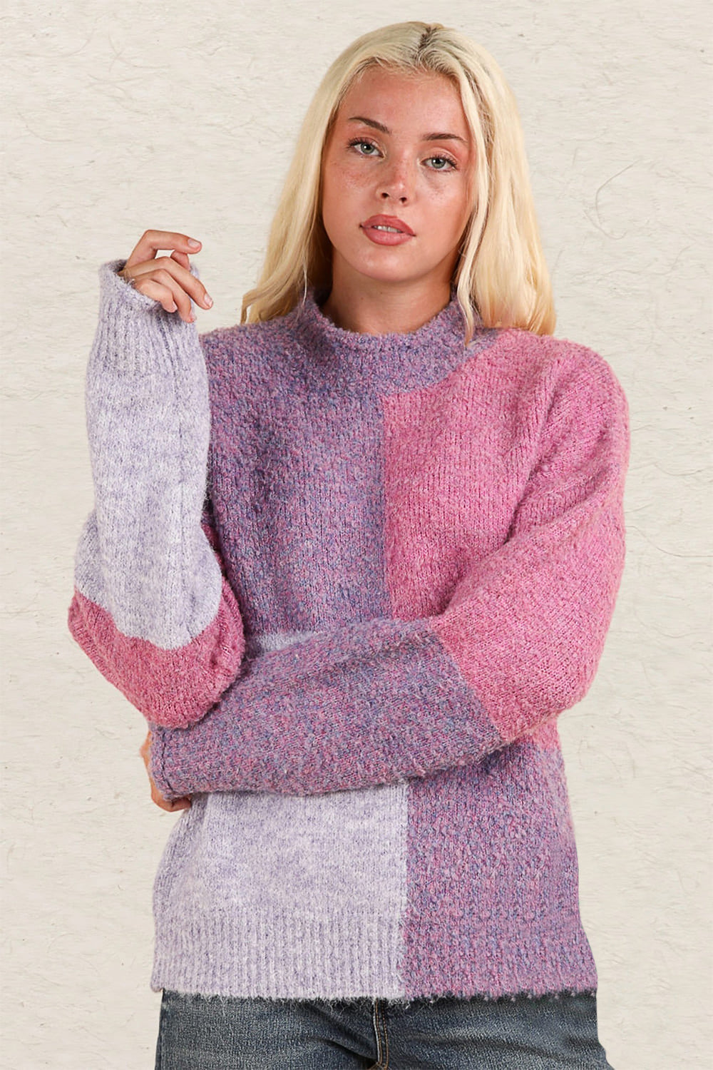 VERY J Color Block Mock Neck Drop Shoulder Sweater-Angel Casuals