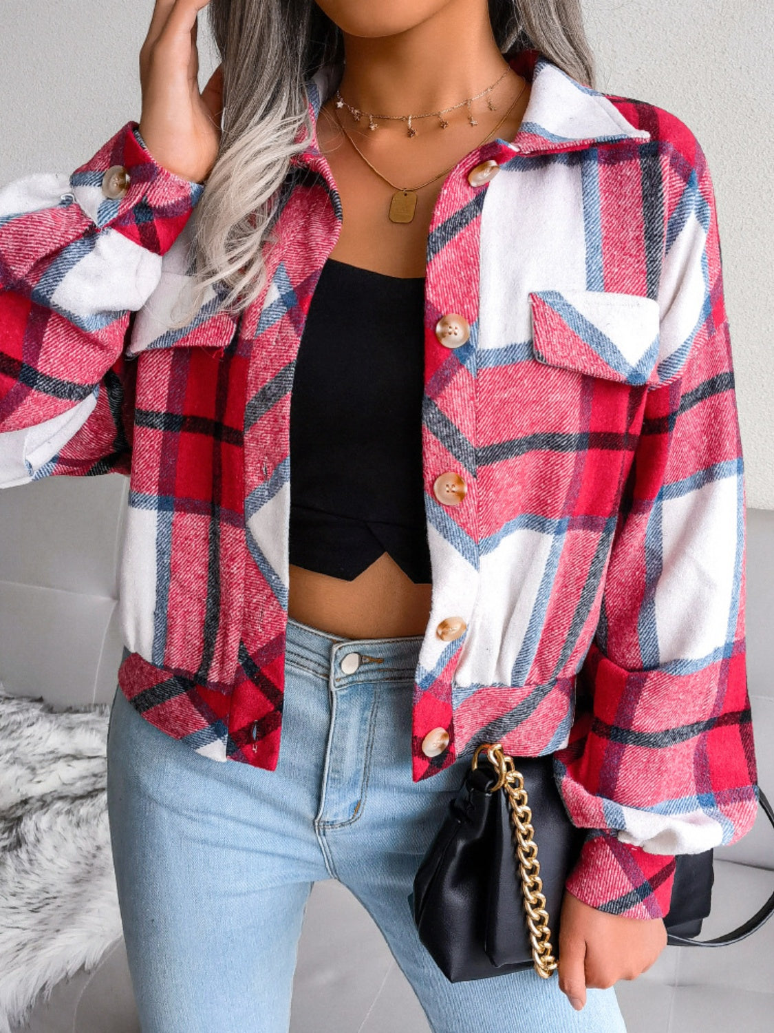 Plaid Collared Neck Long Sleeve Jacket-Angel Casuals