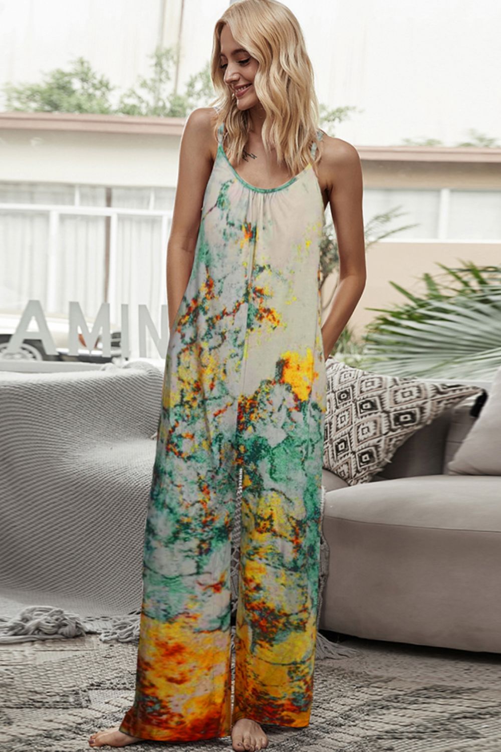 Tie-Dye Spaghetti Strap Jumpsuit with Pockets-Angel Casuals