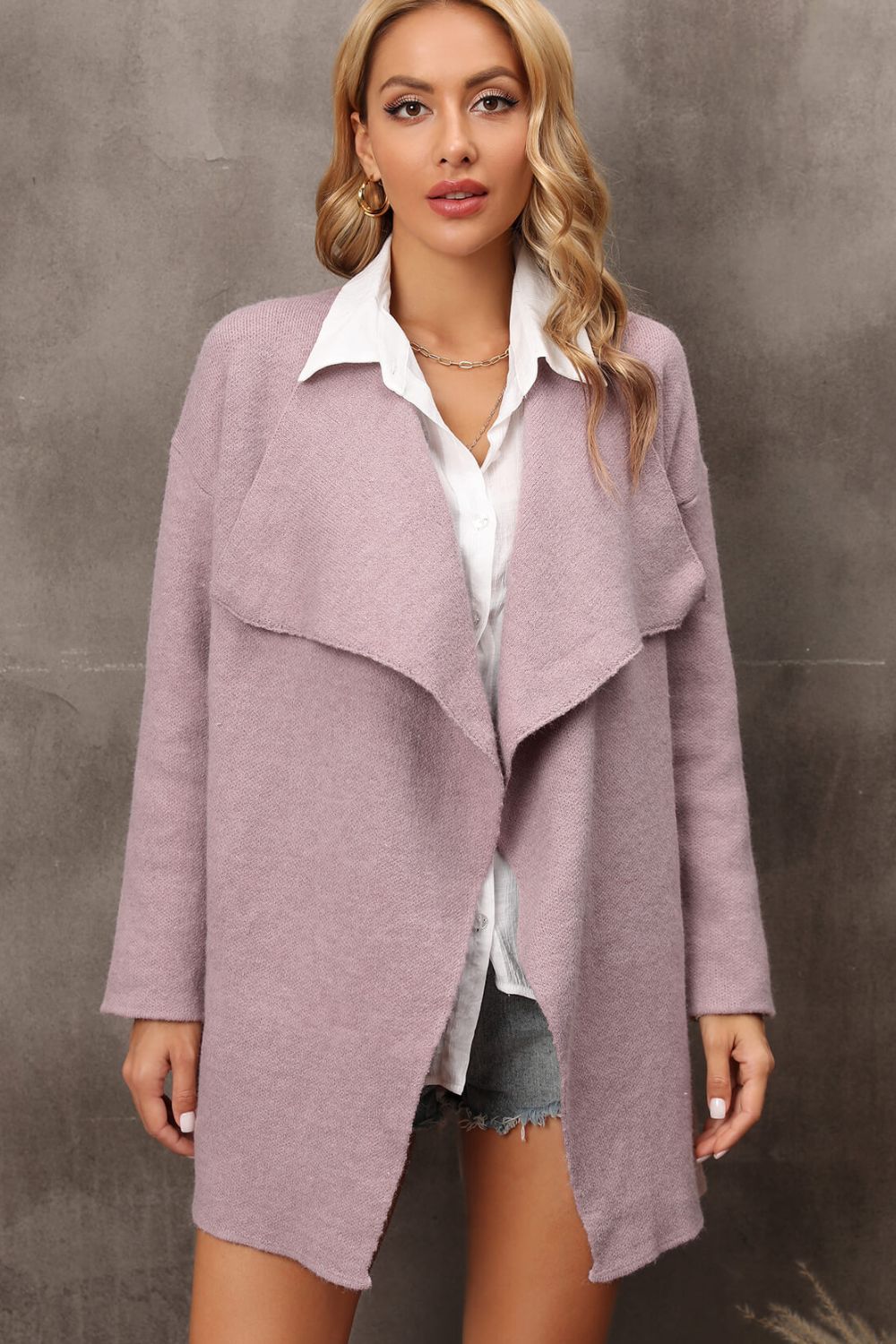 Waterfall Collar Longline Cardigan with Side Pockets-Angel Casuals