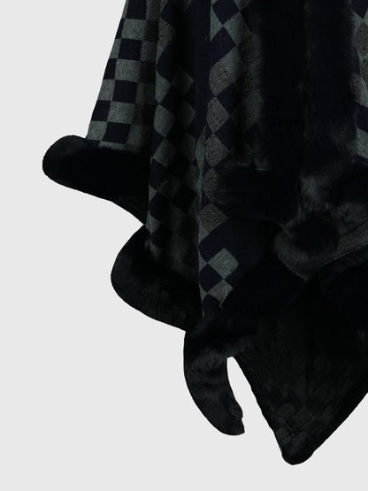 Checkered Faux Fur Trim Poncho-Angel Casuals