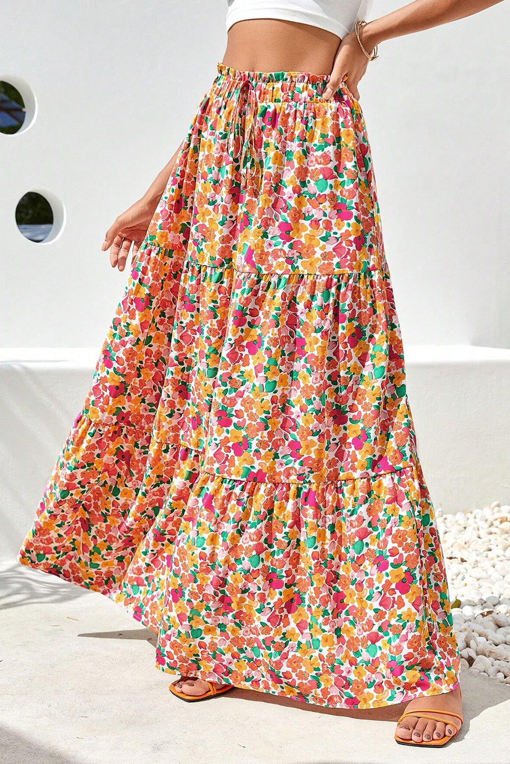 Printed Elastic Waist Maxi Skirt-Angel Casuals