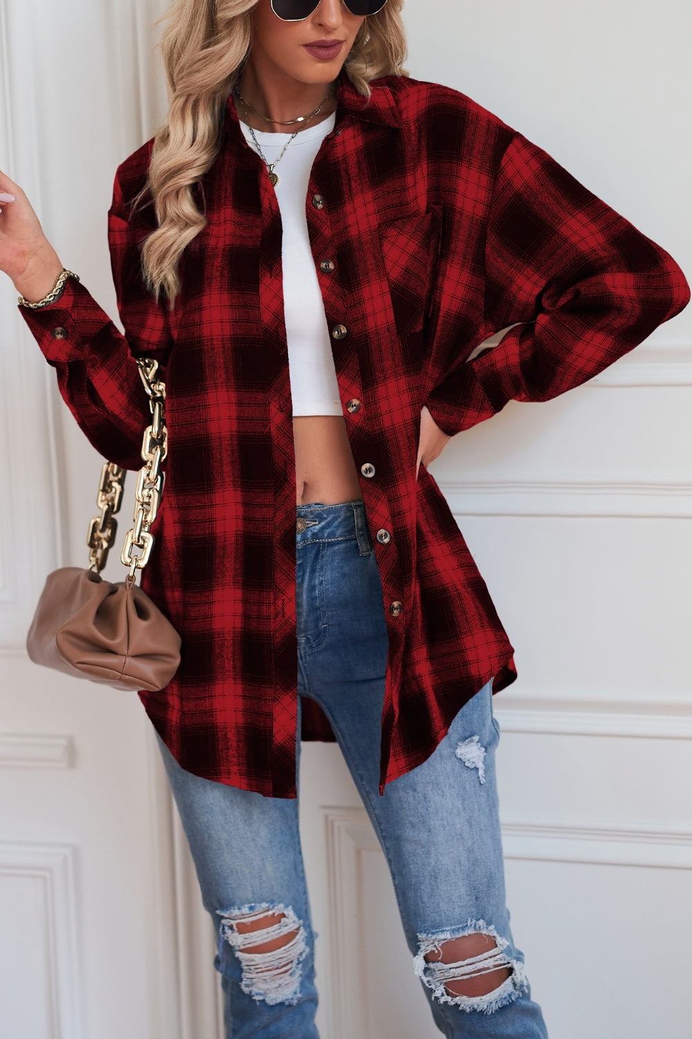 Plaid Button Up Dropped Shoulder Outerwear-Angel Casuals