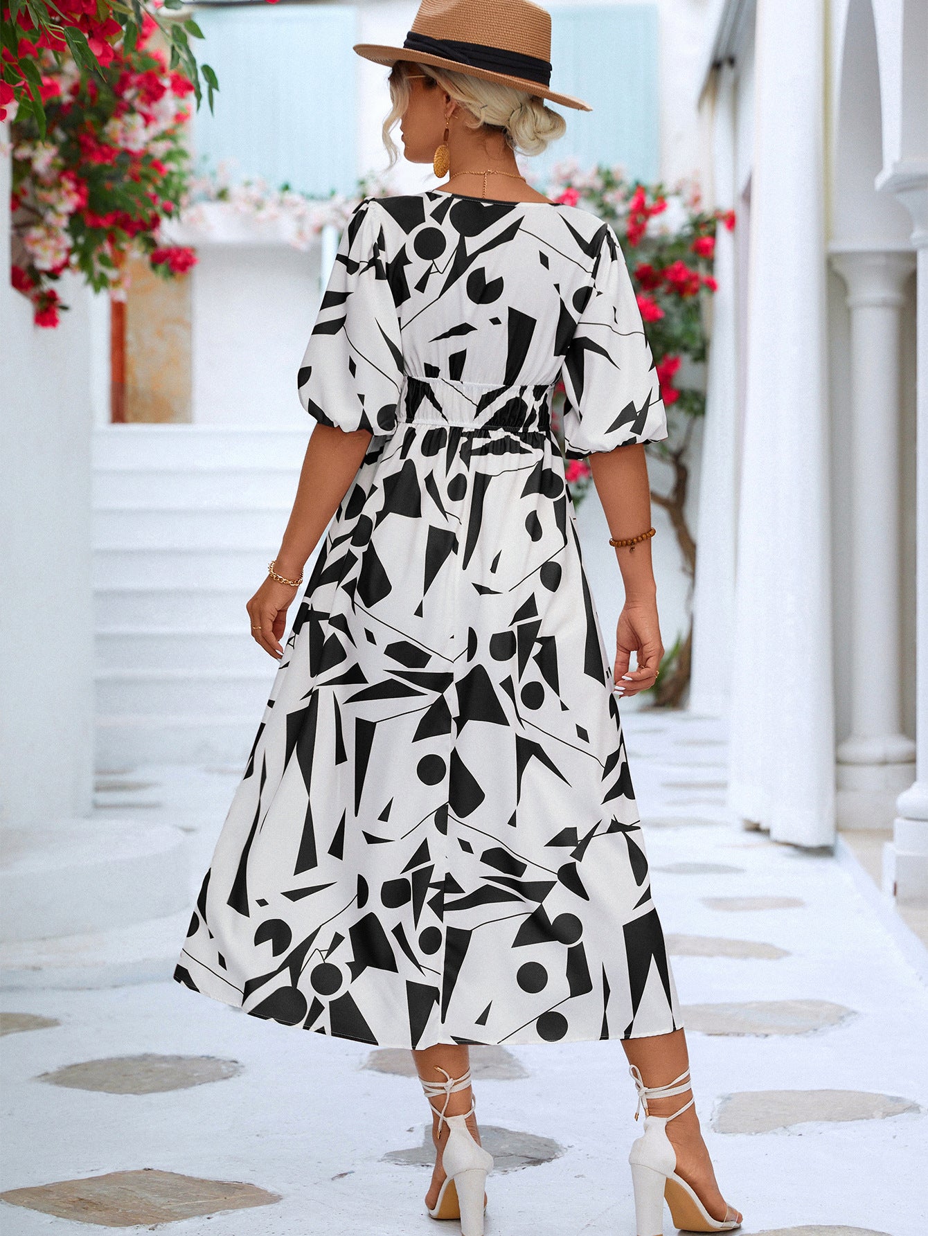 Printed Surplice Balloon Sleeve Dress-Angel Casuals