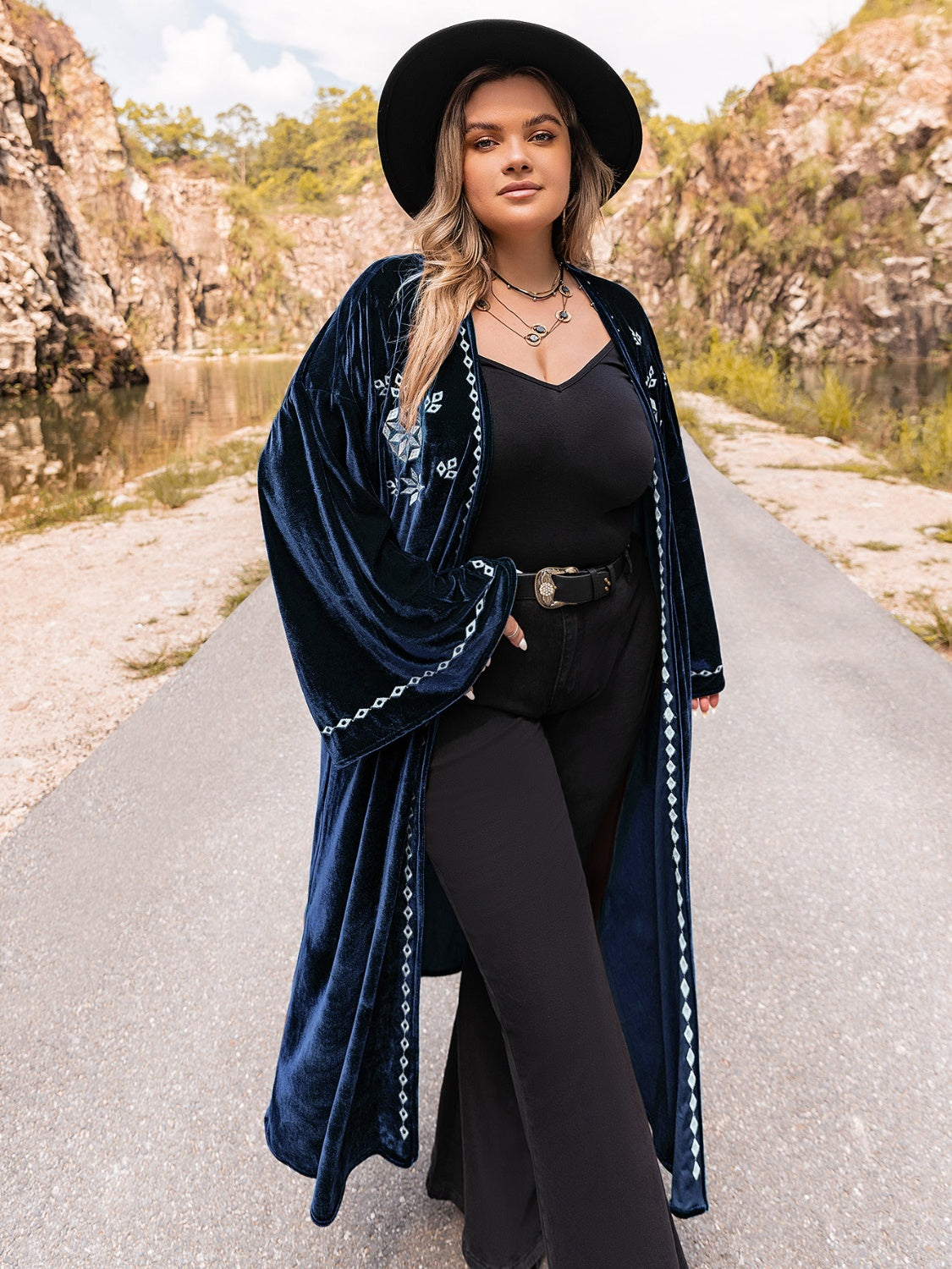 Plus Size Embroidery Open Front Long Sleeve Cardigan-Angel Casuals