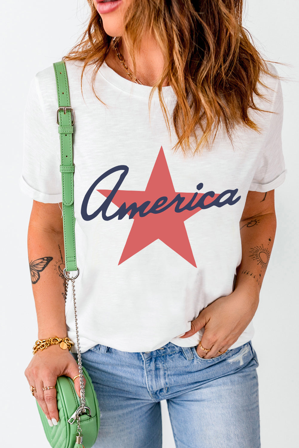Star Round Neck Short Sleeve T-Shirt-Angel Casuals