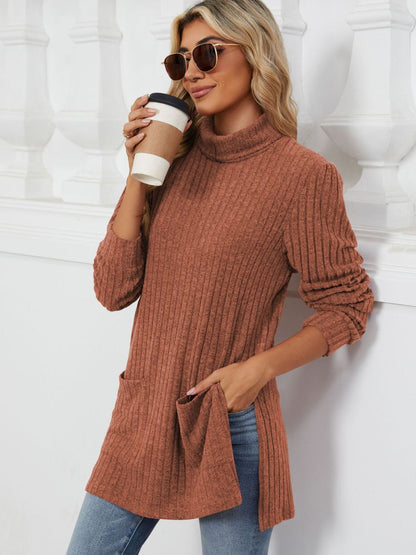 Slit Mock Neck Long Sleeve T-Shirt-Angel Casuals