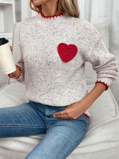 Perfee Contrast Heart Round Neck Long Sleeve Sweater-Angel Casuals