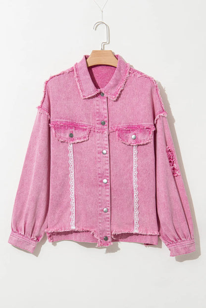 Lace Detail Distressed Raw Hem Long Sleeve Denim Jacket-Angel Casuals