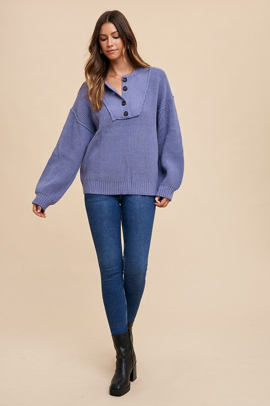 Annie Wear Half Button Ribbed Hem Sweater-Angel Casuals