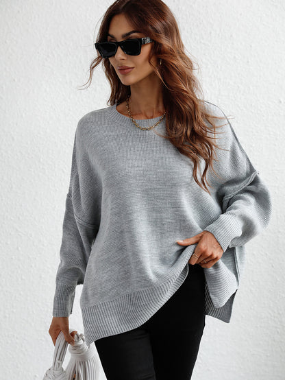 Exposed Seam Dropped Shoulder Slit Sweater-Angel Casuals