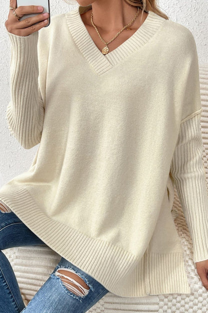 Slit V-Neck Dropped Shoulder Sweater-Angel Casuals