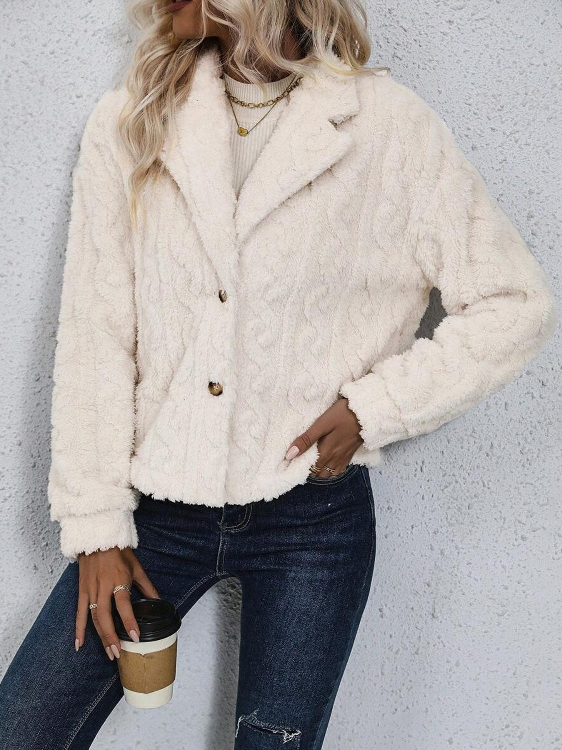 Fuzzy Button Up Collared Neck Jacket-Angel Casuals