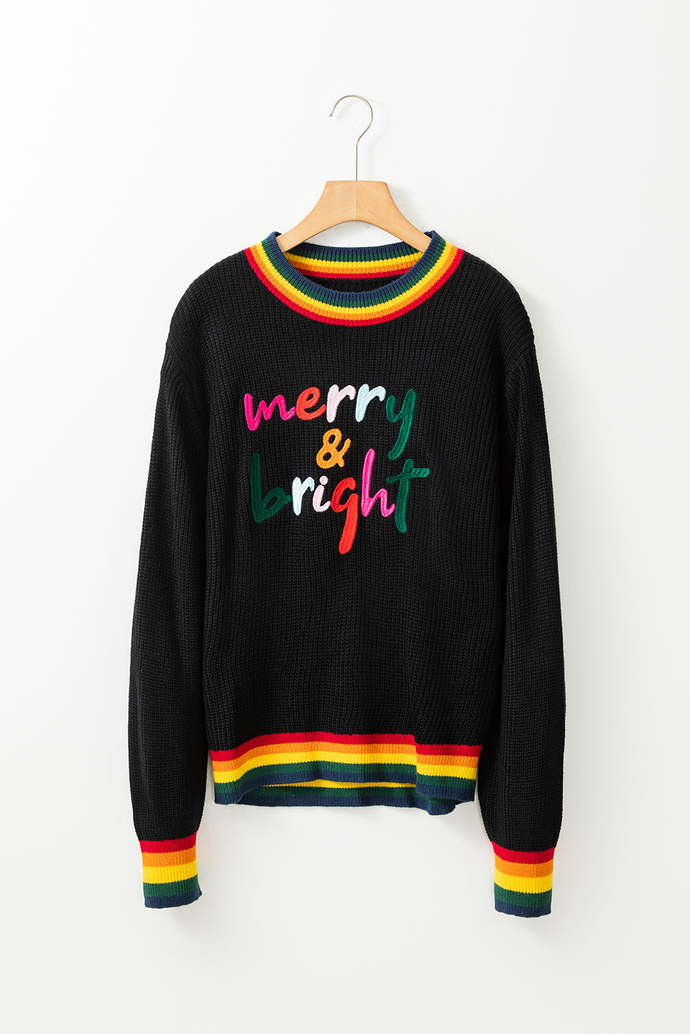 MERRY & BRIGHT Ribbed Round Neck Sweater-Angel Casuals