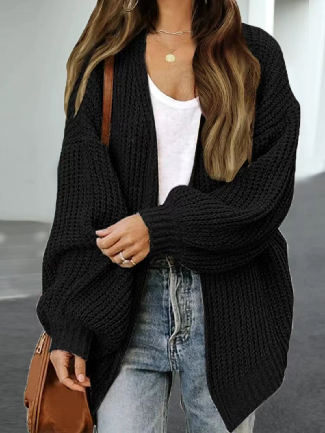 Drop Shoulder Balloon Sleeve Cardigan-Angel Casuals