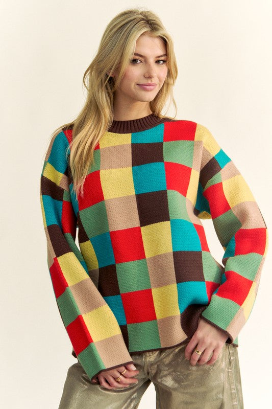 Davi & Dani Color Block Checkered Dropped Shoulder Sweater-Angel Casuals