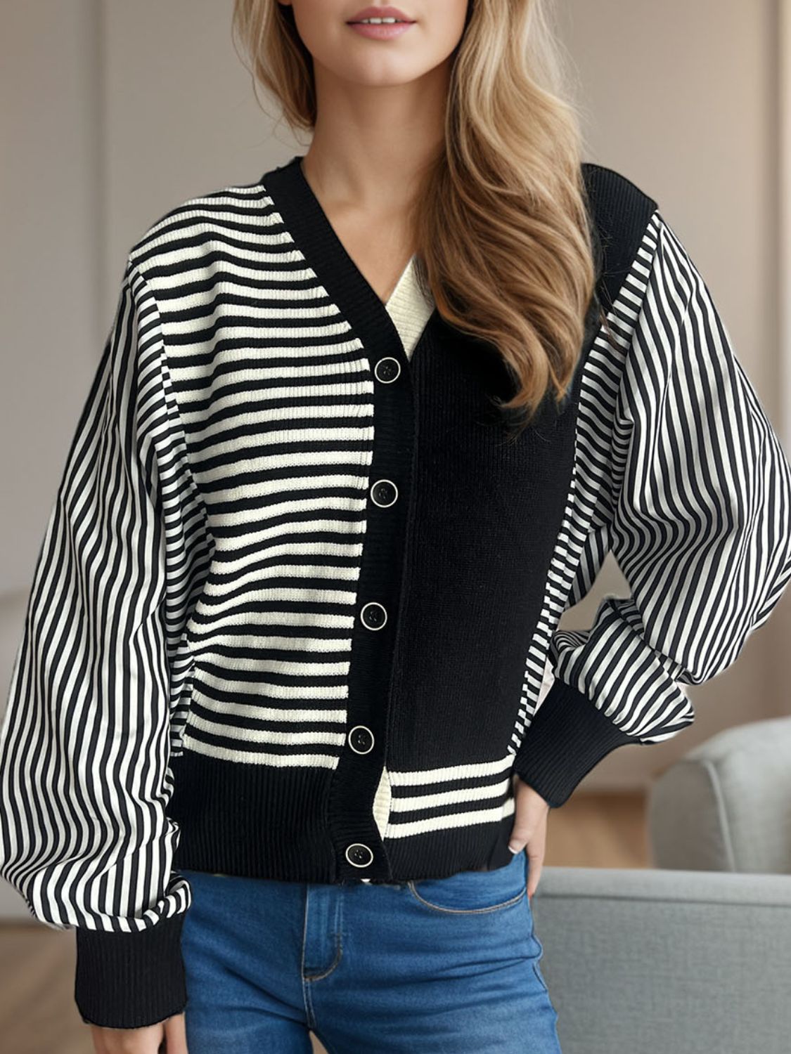 Striped Button Down Long Sleeve Cardigan-Angel Casuals