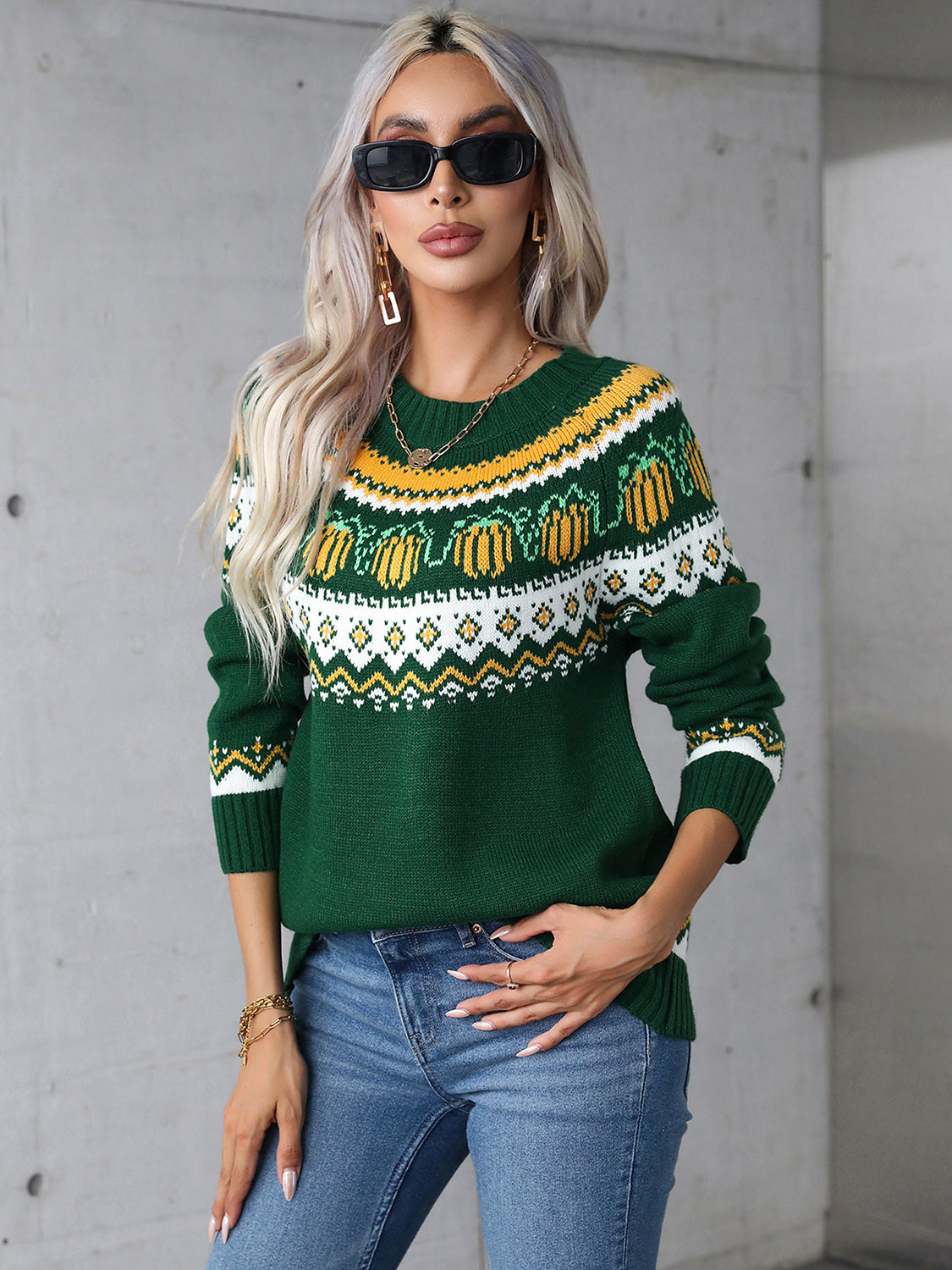 Angel Wings Geometric Round Neck Long Sleeve Sweater-Angel Casuals