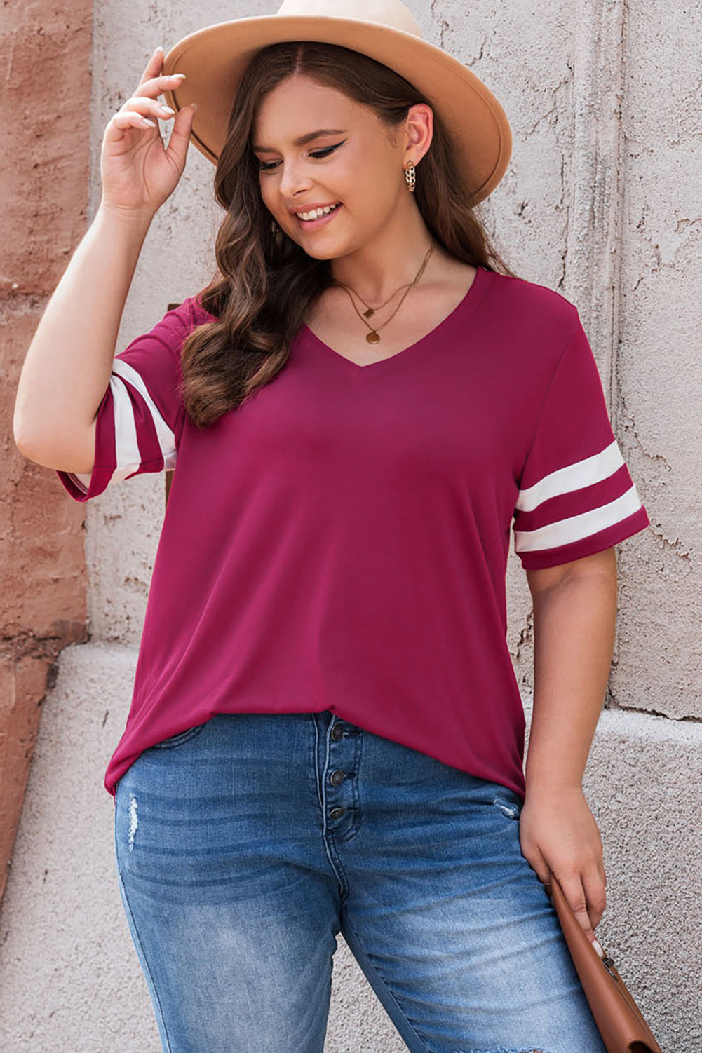 Plus Size Striped V-Neck Tee Shirt-Angel Casuals