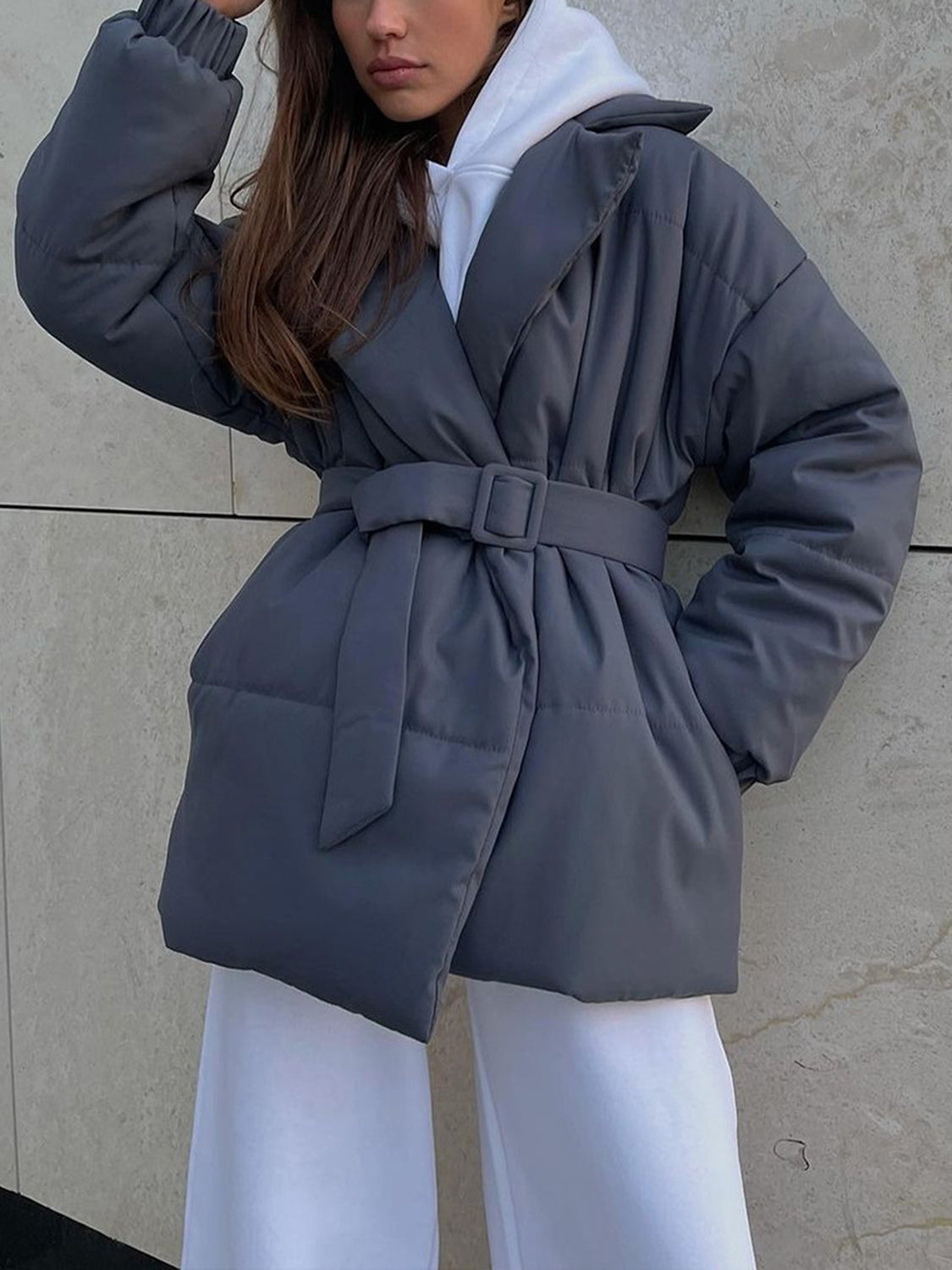 Puffer Long Sleeve Winter Coat with Belt-Angel Casuals
