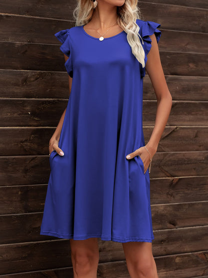 Round Neck Flutter Sleeve Dress with Pockets-Angel Casuals