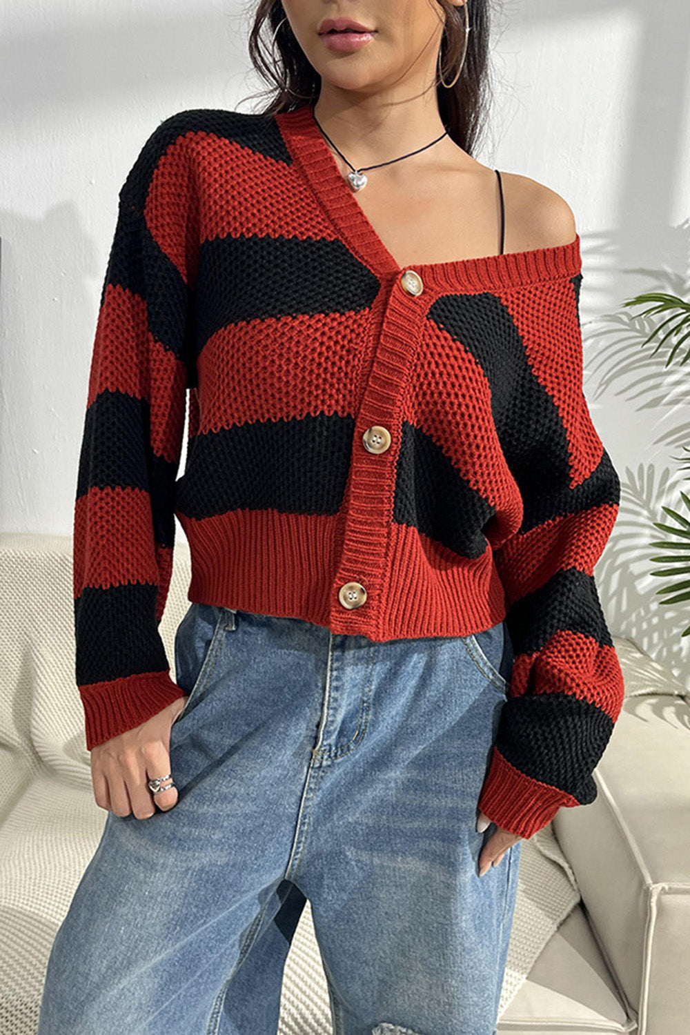 Striped Button Up Dropped Shoulder Cardigan-Angel Casuals