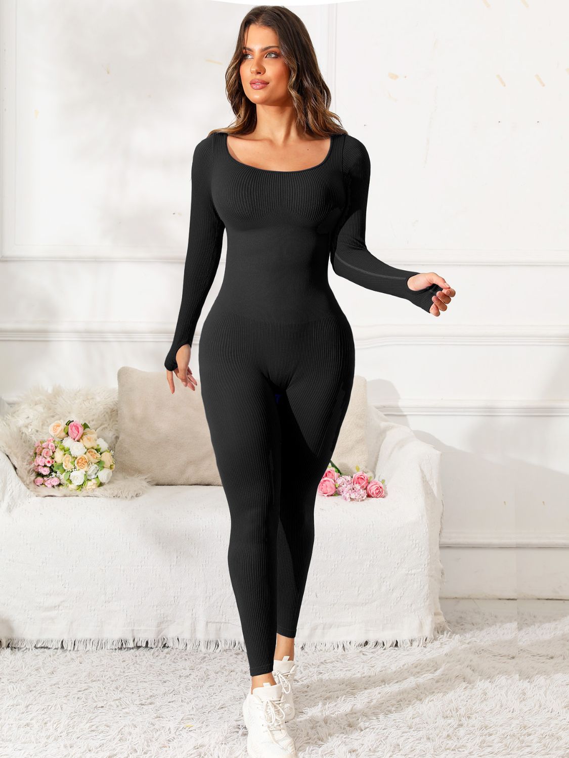 Scoop Neck Long Sleeve Active Jumpsuit-Angel Casuals