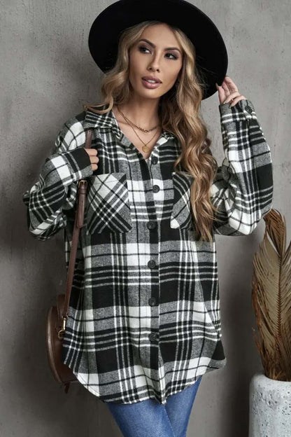 Plaid Collared Neck Button Up Jacket with Pockets-Angel Casuals