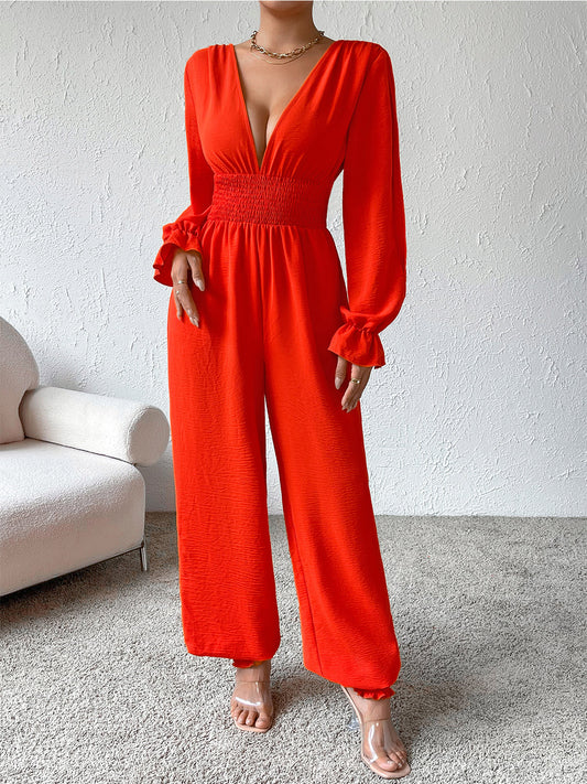 Plunge Smocked Flounce Sleeve Jumpsuit-Angel Casuals