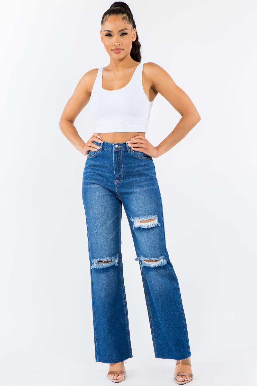 American Bazi High Waist Distressed Wide Leg Jeans-Angel Casuals