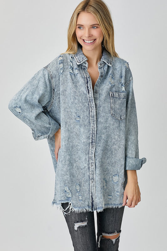 RISEN Distressed Raw Hem Denim Shirt-Angel Casuals