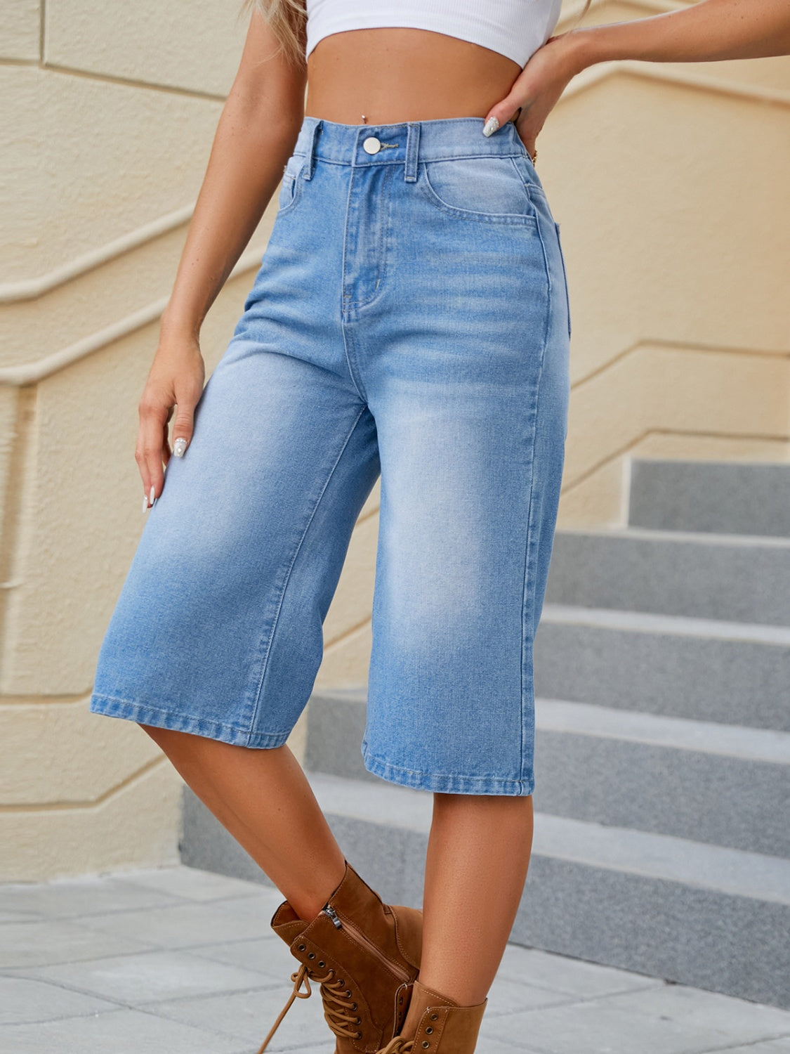 High Waist Denim Shorts with Pockets-Angel Casuals