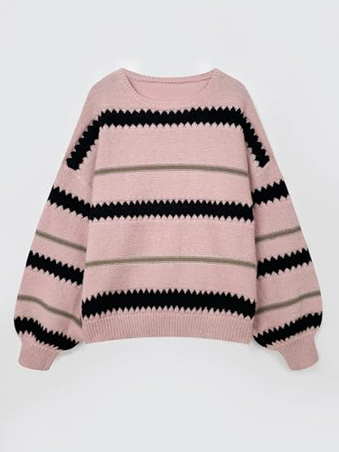 Contrast Striped Round Neck Long Sleeve Sweater-Angel Casuals