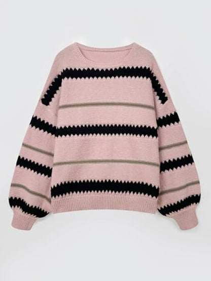 Contrast Striped Round Neck Long Sleeve Sweater-Angel Casuals