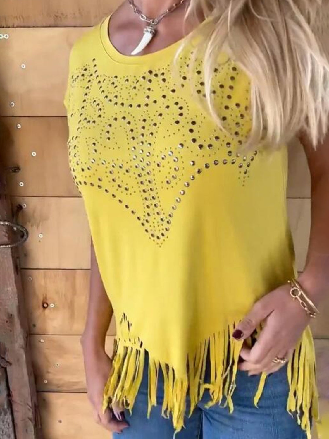 Studded Fringe Round Neck Cap Sleeve T-Shirt-Angel Casuals