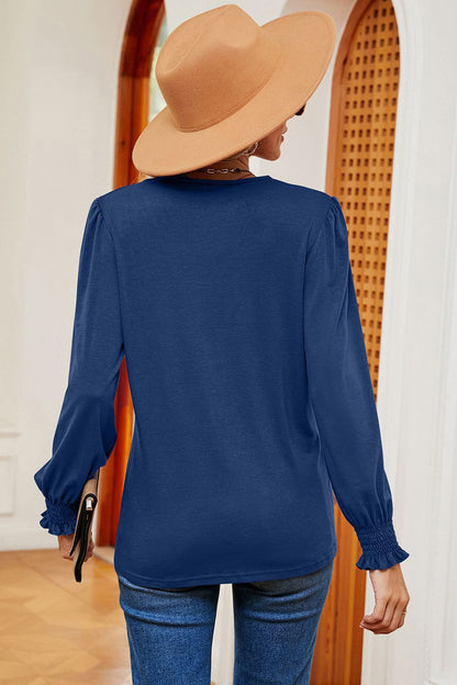Lace Detail V-Neck Lantern Sleeve T-Shirt-Angel Casuals