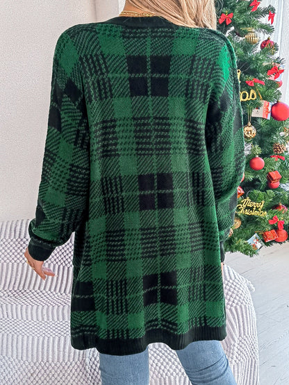 Plaid Open Front Long Sleeve Cardigan-Angel Casuals
