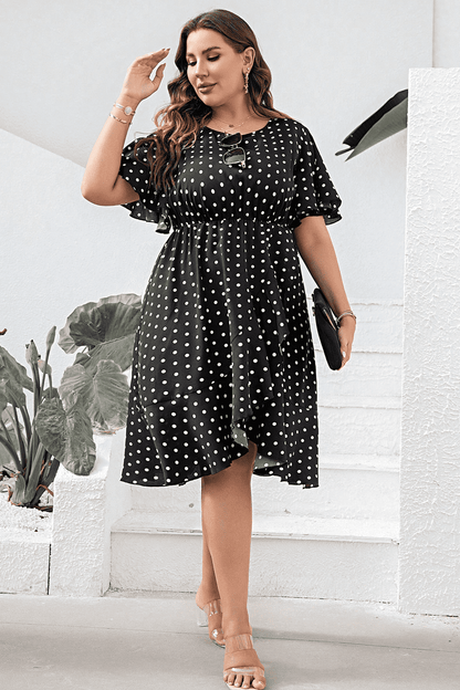 Plus Size Polka Dot Flutter Sleeve Dress-Angel Casuals