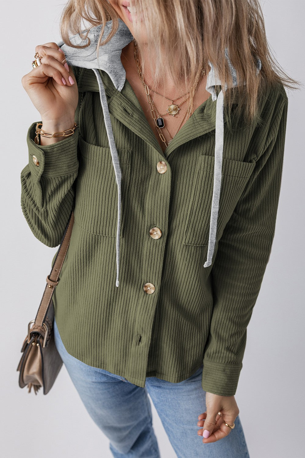 Drawstring Button Up Long Sleeve Hooded Jacket-Angel Casuals