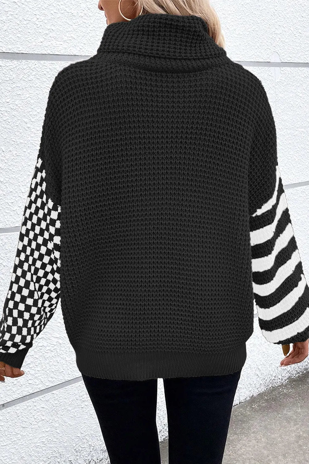 Checkered Striped Turtleneck Long Sleeve Sweater-Angel Casuals